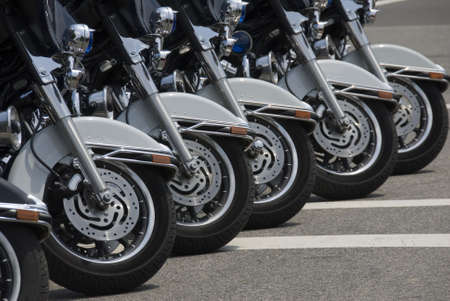Six police motorcycles parked on the National Mall in Washington, DC.の写真素材