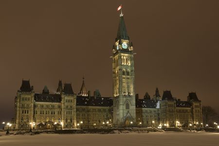 A winter night shot of the Parliament of Canada in Ottawa.の写真素材