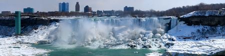 The American Niagara Falls, and on the extreme right the smaller Bridal Veil Falls, in mid-winter.の写真素材