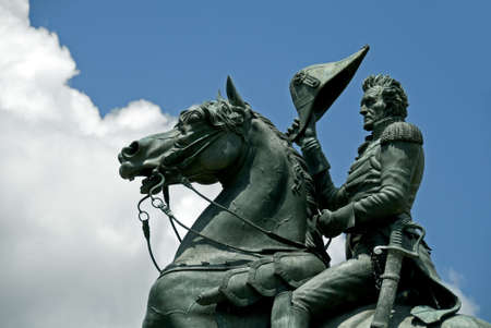 A statue by Clark Mills, in Layfayette Park, Washington, DC, of President Andrew Jackson riding his horse. Jackson was the seventh president of the United States from 1829 to 1837.の写真素材