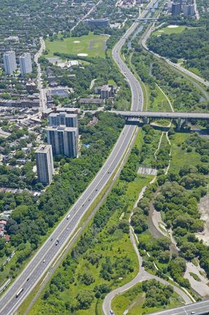 The Bloor Street viaduct crossing the Don Valley Parkway. Shot from just above the Don River in...