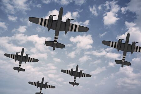 A formation of five American planes, painted with D-Day invasion stripes.の写真素材