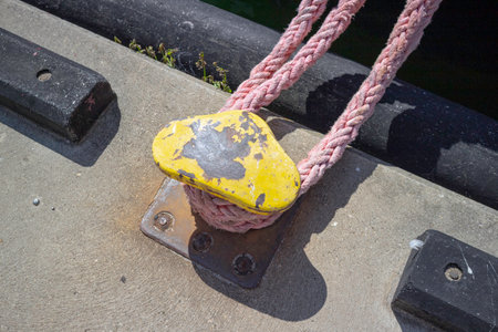A yellow and pink rope is tied to a metal object. The rope is tied to a yellow object with a black and white designの写真素材