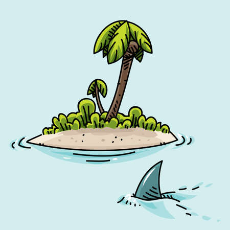 A cartoon shark swims past a tiny, tropical island.の写真素材