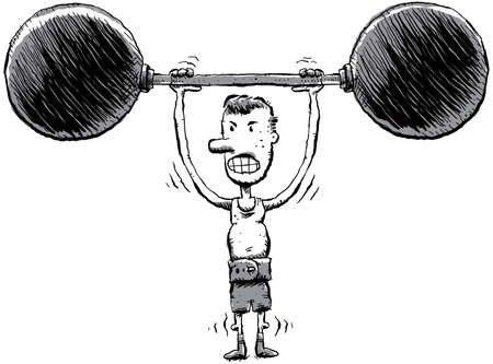 A skinny cartoon man lifts some heavy weights.の写真素材