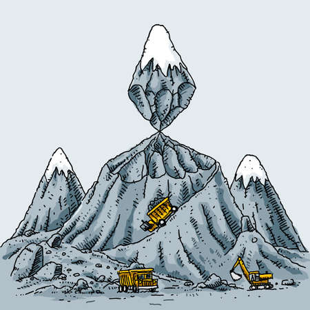 A cartoon mountain is mined from the middle, creating an unstable situation.の写真素材