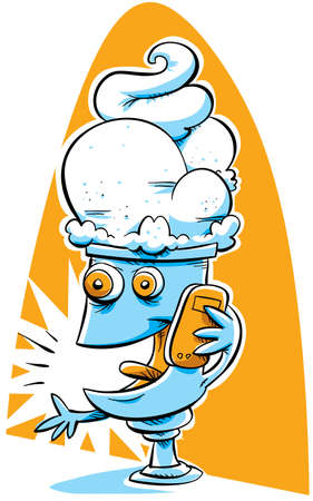 A cartoon ice cream sundae chats on a mobile phone.の写真素材