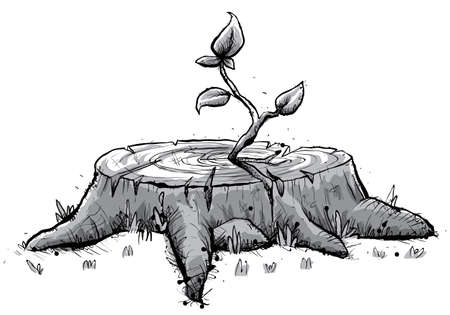 A cartoon sapling grows from the stump of an old tree.の写真素材