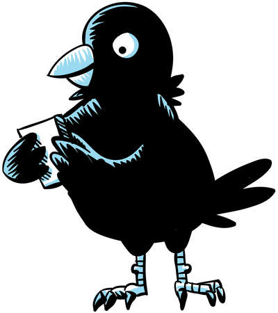 A cartoon bird uses social media on a smartphone.の写真素材