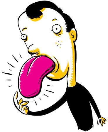 A cartoon man is worried about his swollen, big tongue の写真素材