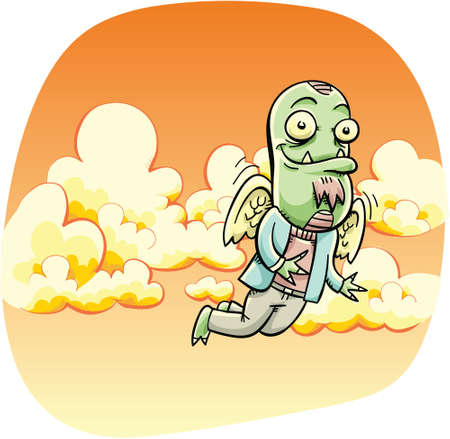 A cartoon alien hipster flies through cloudy skies.のイラスト素材