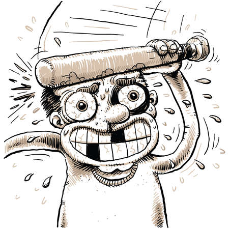 A cartoon man bonks himself in the head with a small, wooden bat のイラスト素材