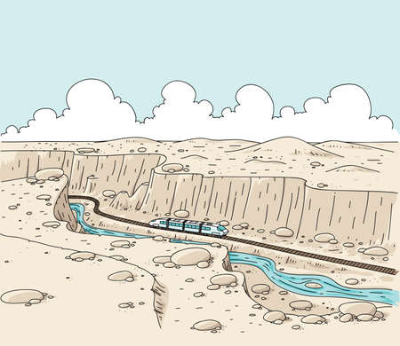 A cartoon train travelling through a desert canyon  のイラスト素材