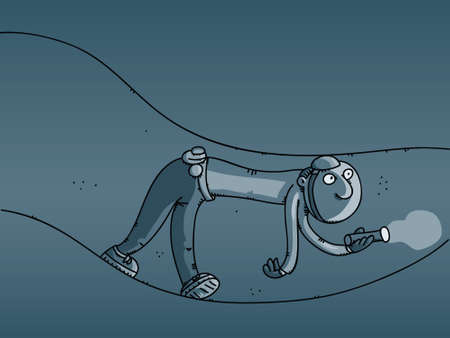 A cartoon man explores a cave with a flashlight.の写真素材