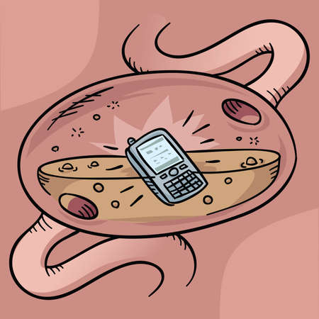 A ringing cartoon cellphone sitting in the middle of someone's stomach.の写真素材
