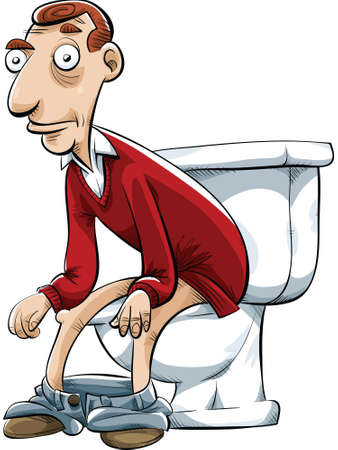 A cartoon man sitting and waiting on a toilet 