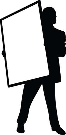 A silhouette of a man holding a blank poster frame.の写真素材