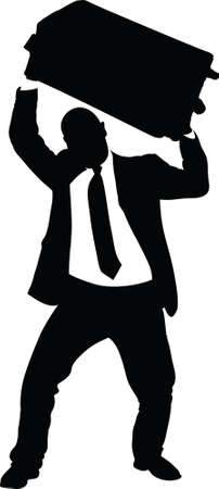 A silhouette of a businessman lifting a suitcase over his head.の写真素材