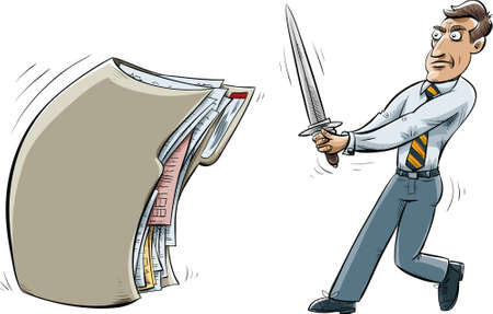 A cartoon businessman holds a large sword and faces a file folder.のイラスト素材