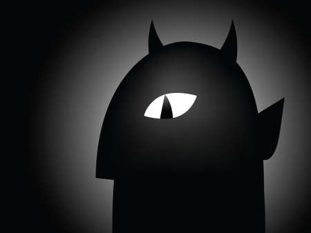 Shadowy cartoon silhouette of a devil with sinister eye.