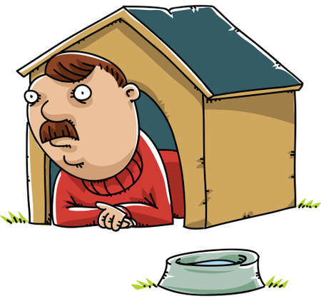 A cartoon man lying inside a doghouse.のイラスト素材