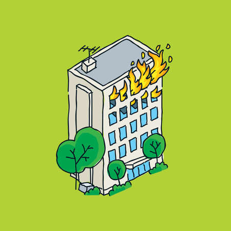 Cartoon of an apartment building on fire.のイラスト素材