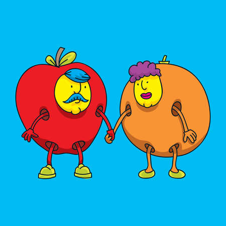 A cartoon couple dressed as an apple and an orange.のイラスト素材