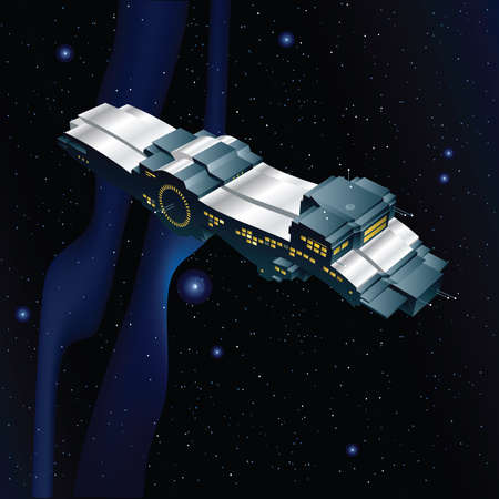 A cartoon space freighter moving between the stars.のイラスト素材