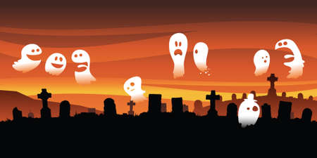 A group of cartoon ghosts gather and socialize in a spooky graveyard. 