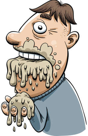 A cartoon man eats a messy pile of goop の写真素材