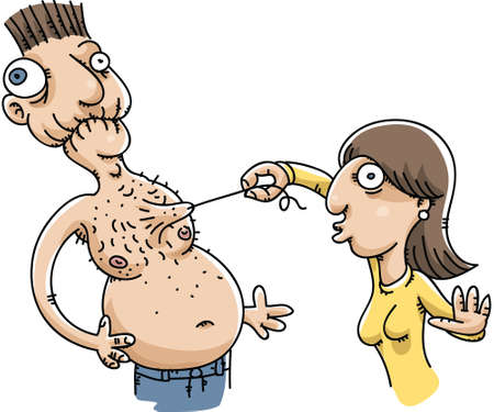 A cartoon woman plucks a hair from a manの写真素材