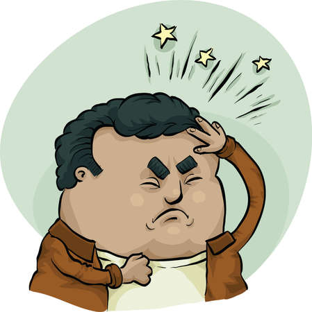 A cartoon man suffering from a painful headache の写真素材