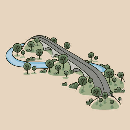 A cartoon highway bridge runs over hills and a river の写真素材