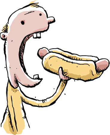 A cartoon man eating a large hotdog. の写真素材