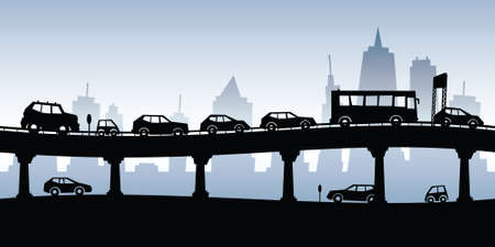 Cartoon silhouette of a traffic jam on a raised highway.のイラスト素材