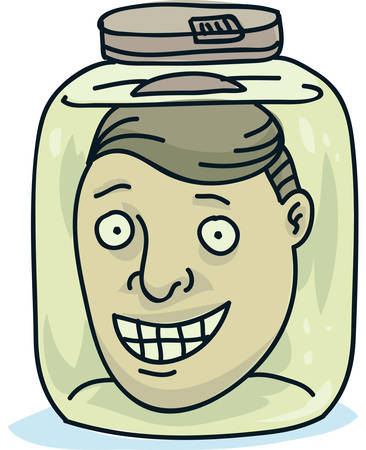 The cartoon head of a smiling man preserved in a jar.のイラスト素材