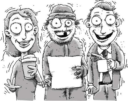 Three jittery, cartoon people high on caffeine.