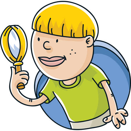 A cartoon boy looking through his magnifying glass.のイラスト素材