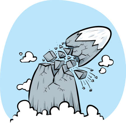 A mighty cartoon mountain explodes into shards of rock.のイラスト素材