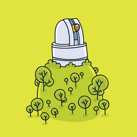 A cartoon observatory on the top of a green hill.のイラスト素材