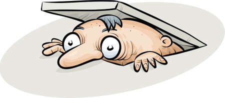 A cartoon man peeps out from a trap door.のイラスト素材