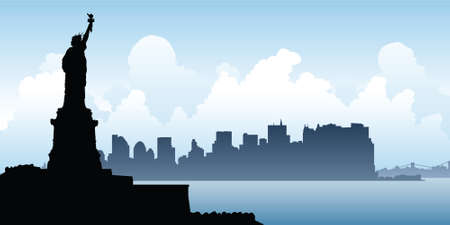 Silhouette of the Statue of Liberty looks over the skyline of Lower Manhattan.のイラスト素材