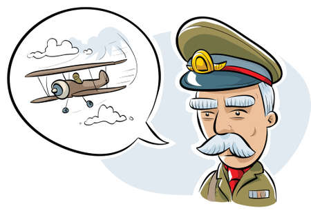 A retro cartoon military officer talking about a biplane.のイラスト素材