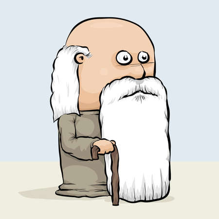 A wise, old cartoon man with a cane and a long white beard.のイラスト素材