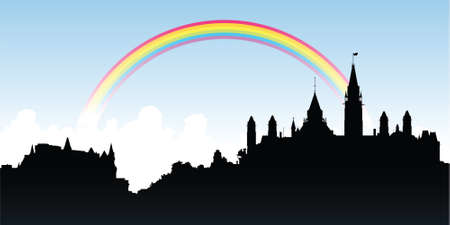 Rainbow over a skyline silhouette of the city of Ottawa, Ontario, Canada.のイラスト素材