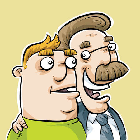 A cartoon man is suspicious of a businessman trying to be his friend.のイラスト素材