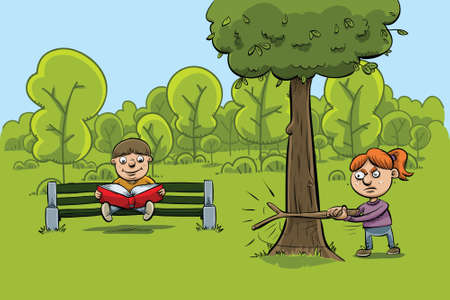 A frustrated cartoon girl whacks a tree with a stock as her brother reads quietly on a park bench.のイラスト素材