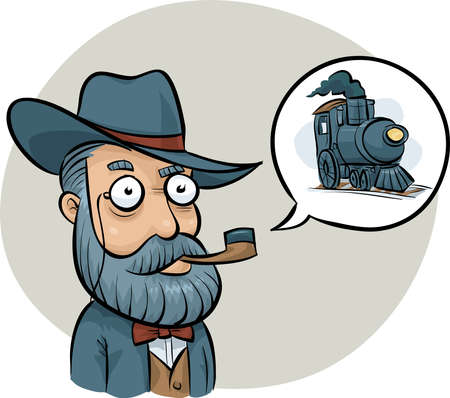 An old-fashioned railway boss talking about a steam train engine.