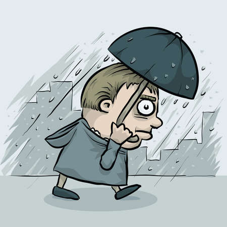 An angry man uses a cartoon umbrella to protect himself from the rain storm.のイラスト素材