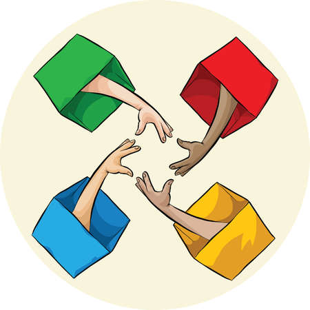 Four cartoon arms reach out from inside boxes to connect.のイラスト素材